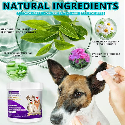 Dog Ear Finger Wipes for Dogs & Cats-Gently Remove Ear Wax,Ear Soothing and Cleaning,Natural ingredients-55 Count