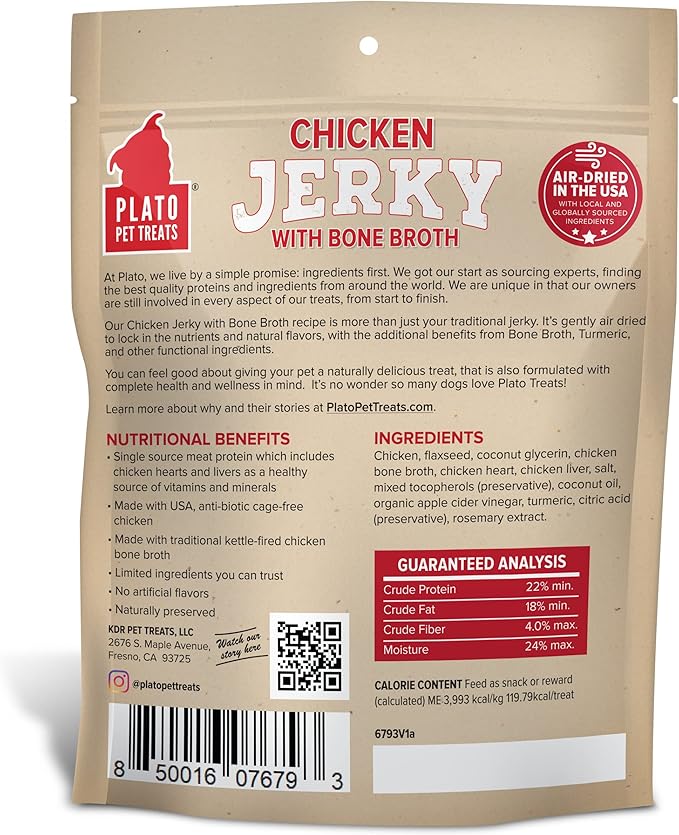 PLATO Pet Treats Air Dried, Real Meat, Chicken Jerky with Bone Broth Dog Treats, Made in The USA, Grain Free, 16oz