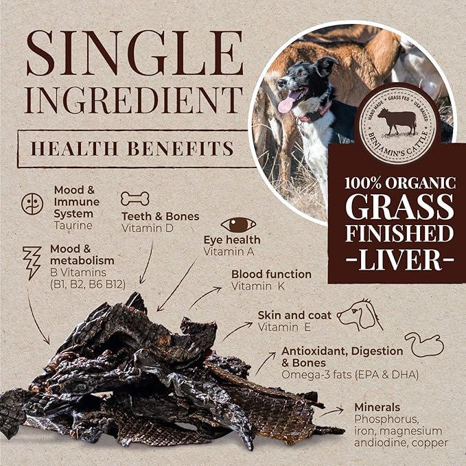 Benjamin's Cattle Single Ingredient - Organic Grass FED & Finished Beef Liver Dog Treats - Hand Made Artisan Dog Treats - Healty Dog Chews - Treats for Dogs Made in USA - Beef Jerky Dog Treat – 5oz