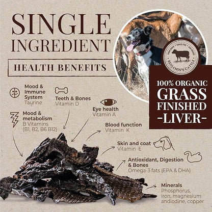 Benjamin's Cattle Single Ingredient - Organic Grass FED & Finished Beef Liver Dog Treats - Hand Made Artisan Dog Treats - Healty Dog Chews - Treats for Dogs Made in USA - Beef Jerky Dog Treat – 5oz