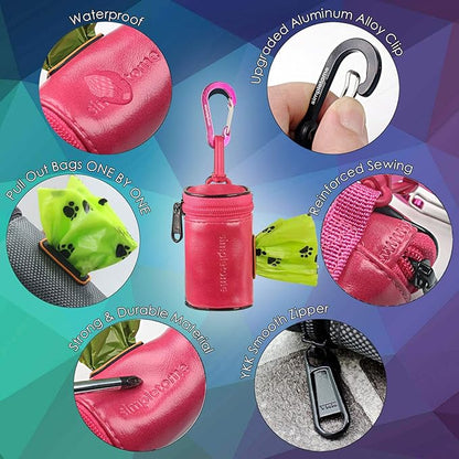 simpletome Dog Waste Bag Dispenser for Leash Belt Wear-Resistant Waterproof YKK Zipper (Microfiber Leather Pink)