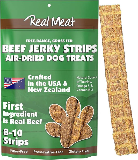 Real Meat Beef Jerky Dog Treats - 8 Air-Dried Strips of Jerky Treats for Dogs - Grain-Free Jerky Treats Dog Snacks Made up of 95% Human-Grade Free-Range Grass Fed Beef - All-Natural Dog Jerky Strips