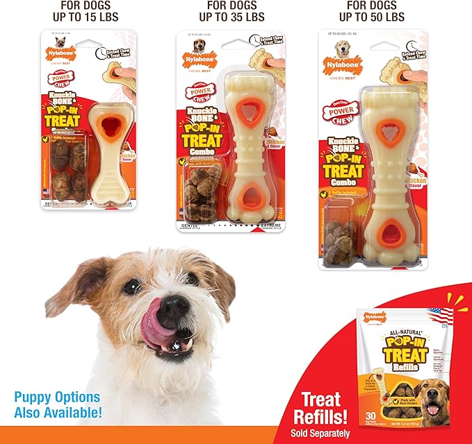 Nylabone Power Chew Knuckle Bone & Pop-In Dog Treat Toy Combo with Chicken Flavor Treat Refills, Chew Toy for Aggressive Chewers, Durable Treat Pouch, Large/Giant - Up to 50 lbs. (1 Count)