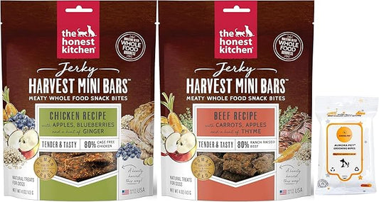 Variety Pack (2) Honest Kitchen Jerky Harvest Mini Bars Dog Treats (4-oz Bags) with AuroraPet Wipes