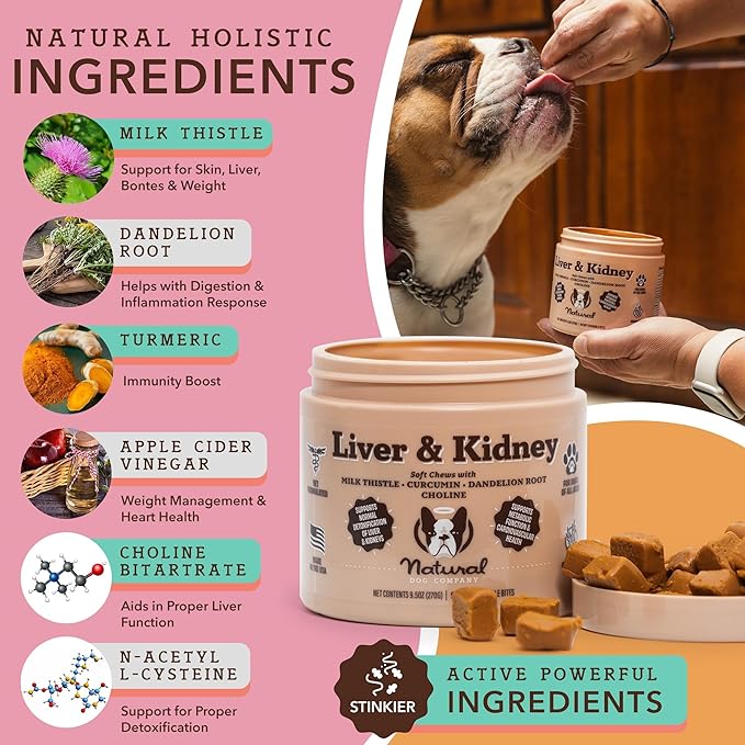 Natural Dog Company Stinky Liver & Kidney Supplement Chews - Dog Liver Support for Optimal Health - Turkey Flavored Treats - Promotes Digestion and Immune Health – Milk Thistle for Dogs (90 Chews)