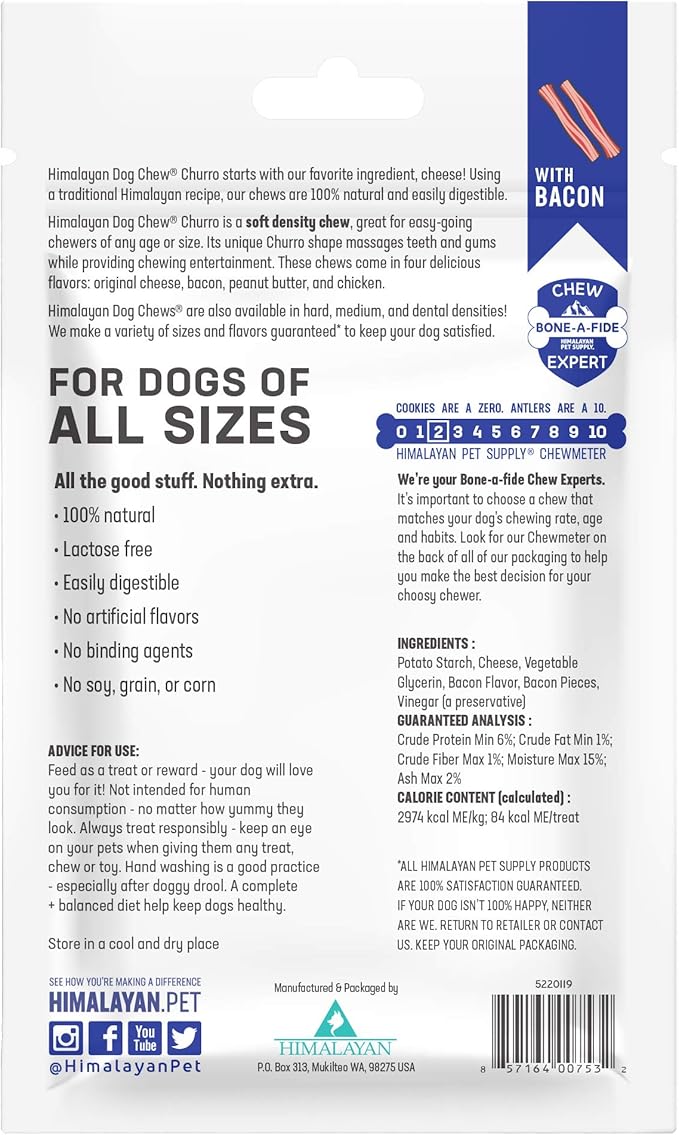 Himalayan Dog Chew Churro Yak Cheese Dog Chews, 100% Natural, Long Lasting, Gluten Free, Healthy & Safe Dog Treats, Lactose & Grain Free, Protein Rich, For All Breeds, Soft, Real Bacon Flavor, 4 oz
