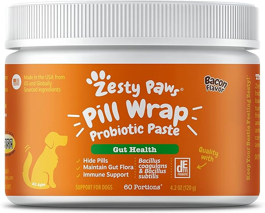 Zesty Paws Pill Wrap Probiotic Paste for Dogs - Immune & Digestive System Support - Bacon Flavor - with DE111 Bacillus subtilis - Pockets Any Pill, Tablet & Capsule for Your Dog - 60 Portions…