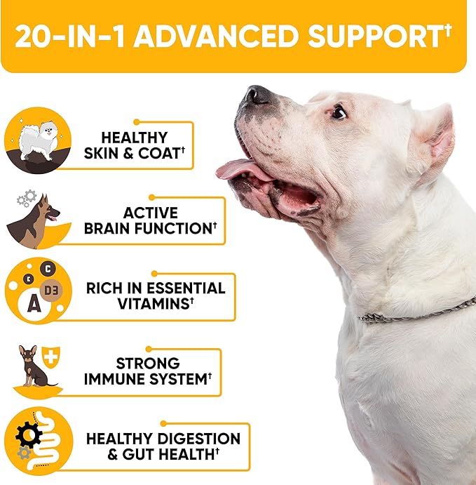 20-in-1 Dog Multivitamin Supplements - Immunity, Digestion, Joint and Heart Health Support - Natural Dog Vitamins with Biotin, Msm, Cranberry, Glucosamine for Dogs - 180 Chews