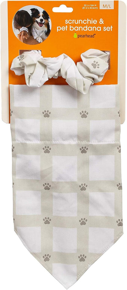 Pearhead Matching Bandana and Hair Scrunchie Set, Pet Owner and Dog Lover Set, Grey Gingham Paw Print, M/L