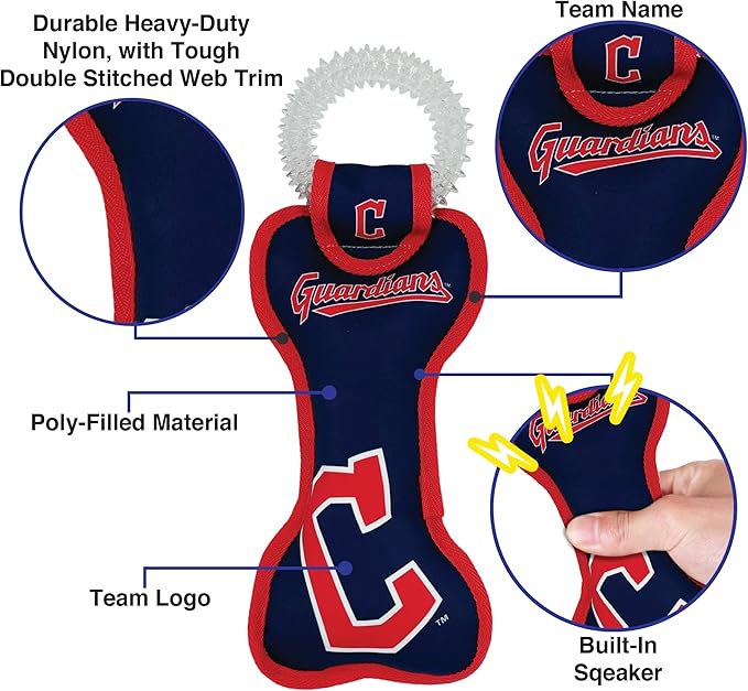 MLB Cleveland Guardians Bone Shaped Dental Dog TUG Toy with Squeaker. Tough PET Toy for Healthy Fun, Teething, and Cleaning pet's Teeth and Gum.