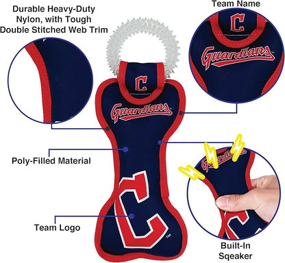 MLB Cleveland Guardians Bone Shaped Dental Dog TUG Toy with Squeaker. Tough PET Toy for Healthy Fun, Teething, and Cleaning pet's Teeth and Gum.