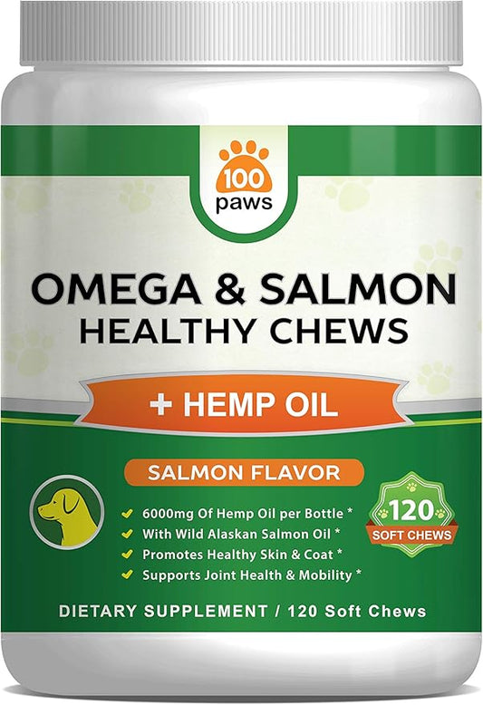 Salmon Oil for Dogs-Omega 3 Fish Oil & Hemp Oil -Wild Alaskan Fish Oil Dog Treats Chews Supplement w/Omega 3 6 9 & DHA EPA - Pet Itch Skin & Coat & Allergy Support - 120 Bites