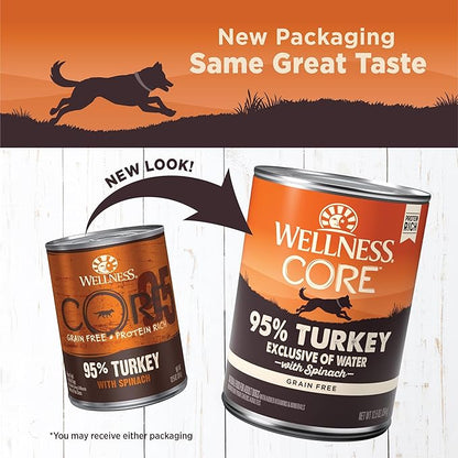 Wellness CORE 95% Natural Wet Grain Free Canned Dog Food, Turkey & Spinach,12.5-Ounce Can (Pack of 12)