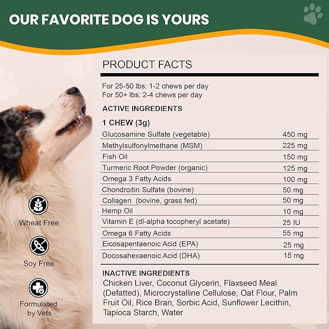 Veterinary Naturals Hemp & HIPS Joint Supplement for Dogs - 60 Soft Chews for Dog Hip and Joint Supplement with Glucosamine for Dogs, MSM, & Turmeric (Rotisserie Chicken)