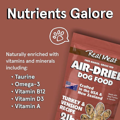 Real Meat Air Dried Dog Food w/Real Turkey & Venison - 2lb Bag of Grain-Free Real Meat Dog Food Sourced from Free-Range Turkey & Deer - Digestible, All-Natural, & High-Protein Turkey and Venison
