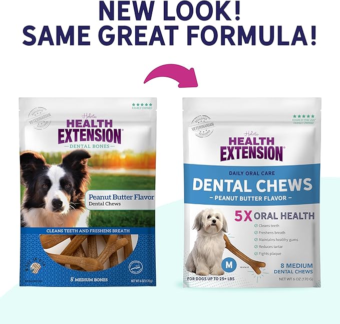 Health Extension Dog Chew Bone Treats, Puppy Training Treat, Medium Sticks for Dental Teeth Cleaning & Breath Freshener, Peanut Butter Flavor (Pack of 8)