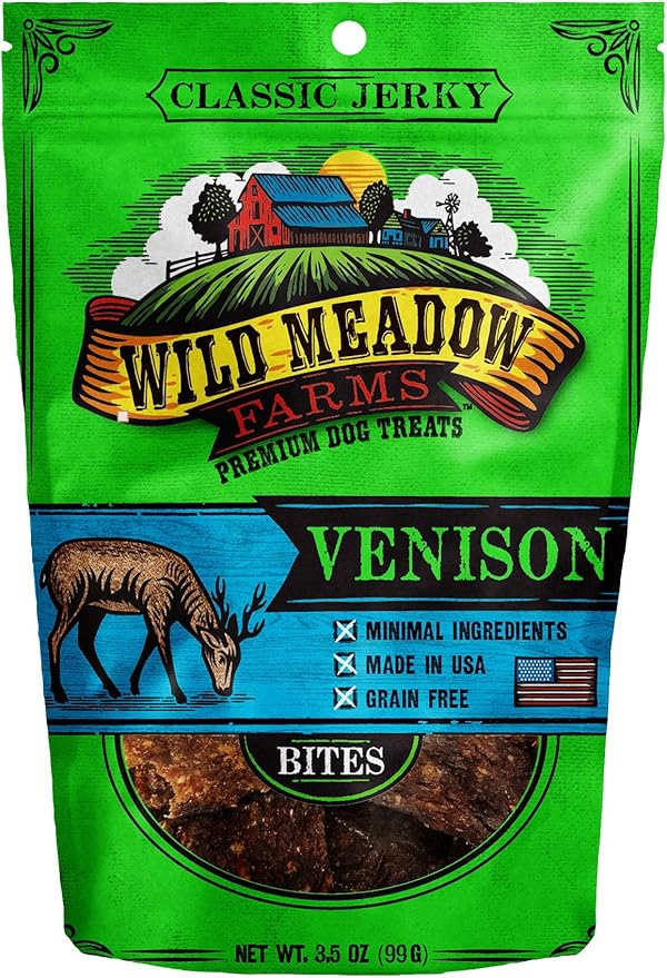 Wild Meadow Farms - Classic Venison Bites, Soft Jerky Treats for Dogs, Grain-Free & All-Natural, Ideal for Training, Portioning, and High-Value Rewards for All Breeds & Ages - 3.5 Ounce Pouch