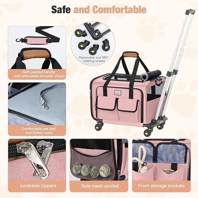 Lekereise Airline Approved Cat Dog Carrier with Wheels Expandable Rolling Pet Carrier for Medium Dogs and Cats Under 15 25LBS, Pet Travel Carrier on Wheels, Pink