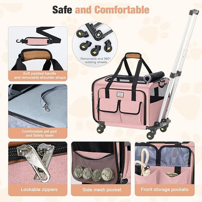 Lekereise Airline Approved Cat Dog Carrier with Wheels Expandable Rolling Pet Carrier for Medium Dogs and Cats Under 15 25LBS, Pet Travel Carrier on Wheels, Pink