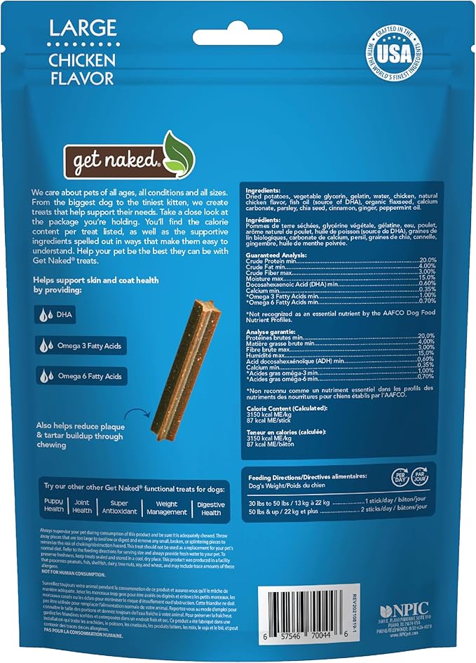 Get Naked Grain Free 1 Pouch 6.6 Oz Skin & Coat Dental Chew Sticks, Large