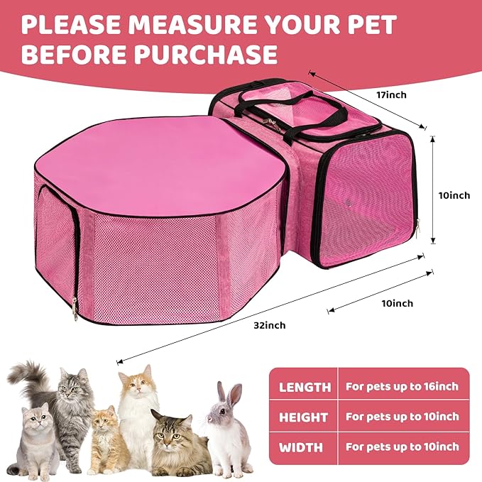 Cat Carrier, Detachable Pet Carrier Airline Approved, 18"x13.4"x11.8" Large Expandable Space 3 in 1 Soft Sided Small Dog Travel Bag, Rabbit Cat Kennel, Pet Mobile Tent Outdoors Indoors (Pink)