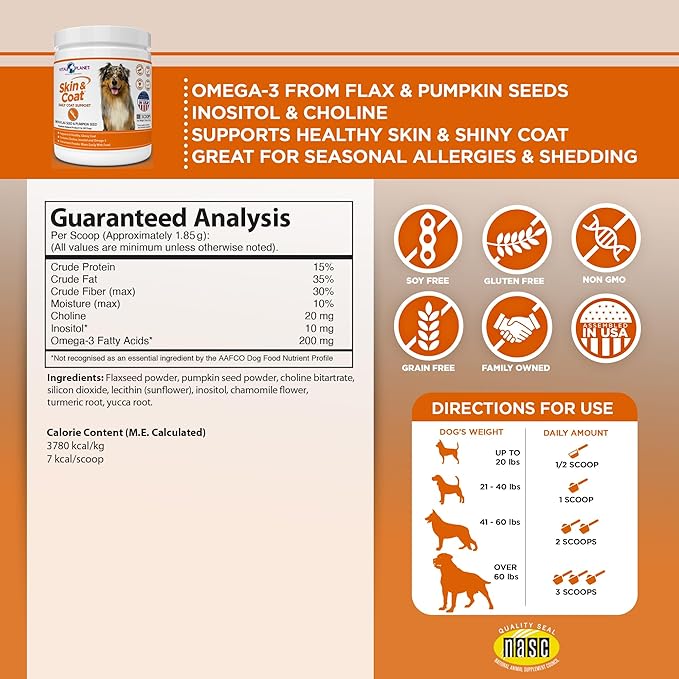 Vital Planet - Skin and Coat Powder Supplement for Dogs with Choline, Inositol, Pumpkin, Flax and Omega-3 Oils to Support a Soft Shiny Healthy Coat and for Seasonal Allergies - 60 Scoops, 111g, 3.92oz