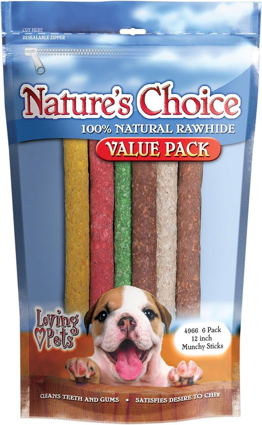 Loving Pets Nature's Choice 100% Natural Rawhide Munchy Sticks Value Pack, Dog Treat, 12" (Assorted Colors)