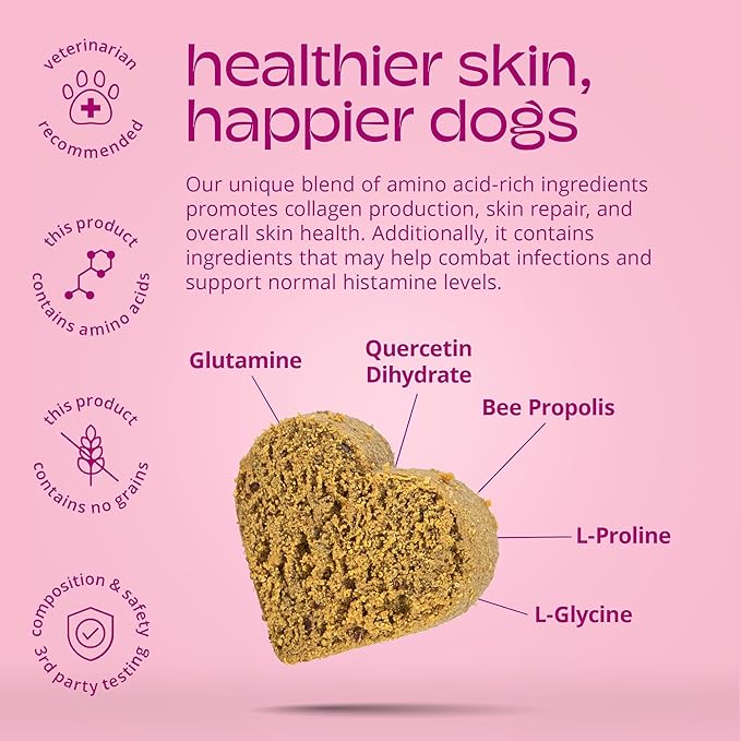 Skin Health & Seasonal Allergy Dog Chews | Quercetin, Omega-3, Bee propolis, L-Proline, L-Glycine | Supports Collagen Production, Soothes Itchy Skin & Promotes Skin Health | 90 Soft Chews