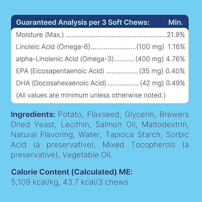 Dog Fish Oil Supplements - 180 Delicious Chew Treats - Omega 3 Rich Salmon Oil, EPA, DHA, Biotin, and Vitamin E for Healthier, Shinier, Skin, Coat and Fur, Helps Skin Allergies