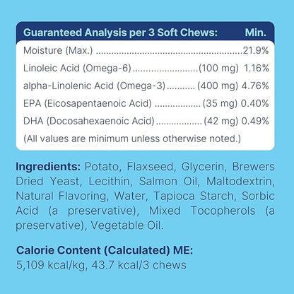 Dog Fish Oil Supplements - 180 Delicious Chew Treats - Omega 3 Rich Salmon Oil, EPA, DHA, Biotin, and Vitamin E for Healthier, Shinier, Skin, Coat and Fur, Helps Skin Allergies