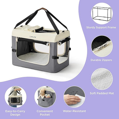 Lesure Collapsible Travel Dog Crate for Small Dogs, Portable Soft Dog Crate for Outdoor & Indoor, Folding Fabric Dog Kennel with Handle, 24 Inch Heavy Duty Pet Carrier (Grey)