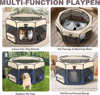 Dog Playpen, Cat Playpen - Foldable Pet Playpen with Carrying Case, Portable Pet Tent for Indoor/Outdoor Use | Water Resistant | Removable Shade Cover - (Brown, Medium)