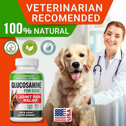 Glucosamine Tablets for Dogs - Joint Supplement w/Omega-3 Fish Oil - Chondroitin, MSM - Advanced Mobility Chews - Joint Pain Relief - Hip & Joint Care - 120 Ct - Made in USA