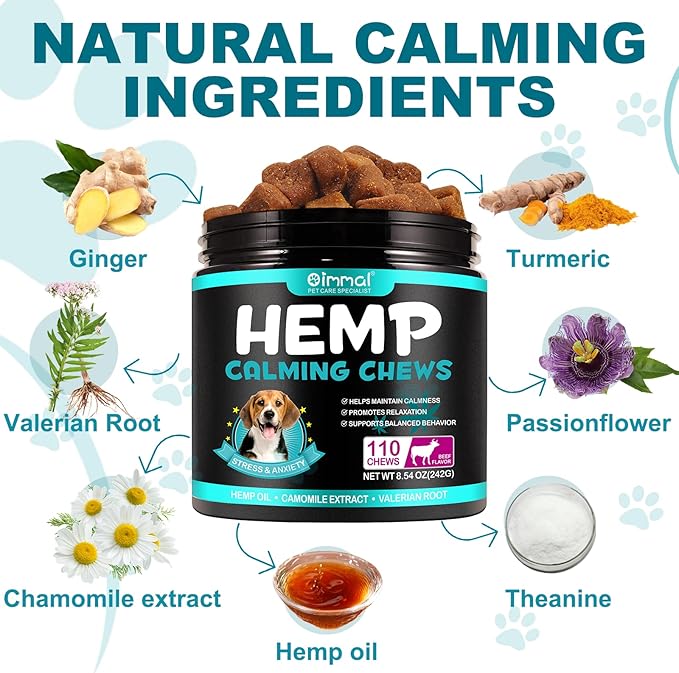 Hemp Calming Chews for Dogs, Dog Training & Behavior Aids, Dog Calming Treats, Natural Soothing Snacks Hemp + Valerian Root, Dog Anxiety Relief & Aggressive Behavior, 110PCS Calming Dog Treats, Beef