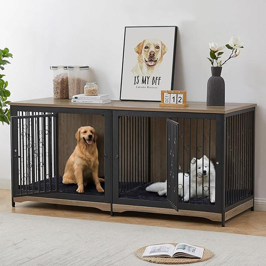 70.86'' Dog Crate Furniture Large Breed TV Stand with Cushion & Double Rooms,Wooden Dog Kennel Dog Crate End Table with Removable Divider for Large Medium Dogs, Grey