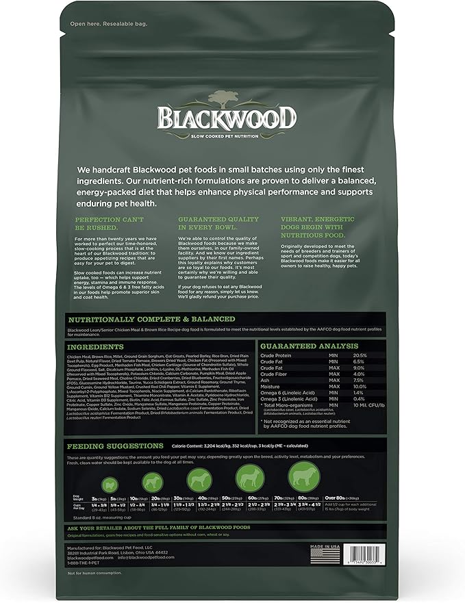 Blackwood Pet Food 22245 Adult Dog, Lean/Senior, Chicken Meal & Brown Rice Recipe, 15Lb.