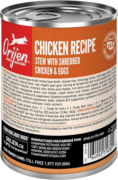 ORIJEN Chicken Recipe Stew with Shredded Chicken and Eggs Wet Dog Food, WholePrey Ingredients, 12.8oz (Case of 12)
