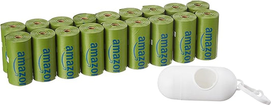 Amazon Basics Dog Poop Bags with Dispenser and Leash Clip, Talcum Powder Scented, 13 x 9 Inches - 270 Count (15 Bags per Roll, 18 Rolls)