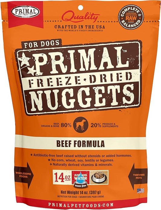 Primal Freeze Dried Dog Food Nuggets, Beef; Complete & Balanced Meal; Also Use as Topper or Treat; Premium, Healthy, Grain Free, High Protein Raw Dog Food, 14 oz