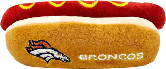 Pets First NFL Denver Broncos HOT Dog Plush Dog & CAT Squeak Toy - Cutest HOT-Dog Snack Plush Toy for Dogs & Cats with Inner Squeaker & Beautiful Football Team Name/Logo, 8 x 5 x 3 Inches (DEN-3354)