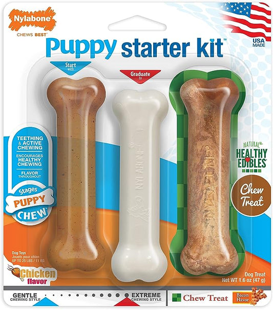 Nylabone Puppy Triple Pack - Blue Puppy Teething Toy, Nylon Dog Toy, & Chew Treat Variety Pack - Puppy Supplies - Chicken & Bacon Flavor, Small/Regular (3 Count)