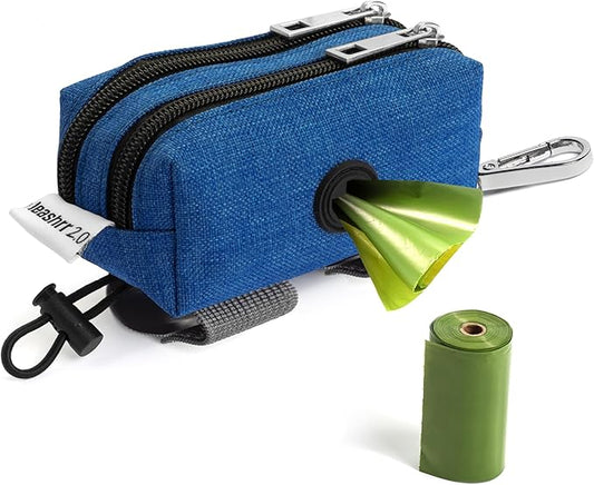Dog Poop Bag Dispenser and Treat Holder for All Leashes. 2 Waterproof Pouches for Pet Waste Bags. Durable Design. Carabiner and Velcro Attachments. 1 Free Roll. Leashrr 2.0 (Blue)
