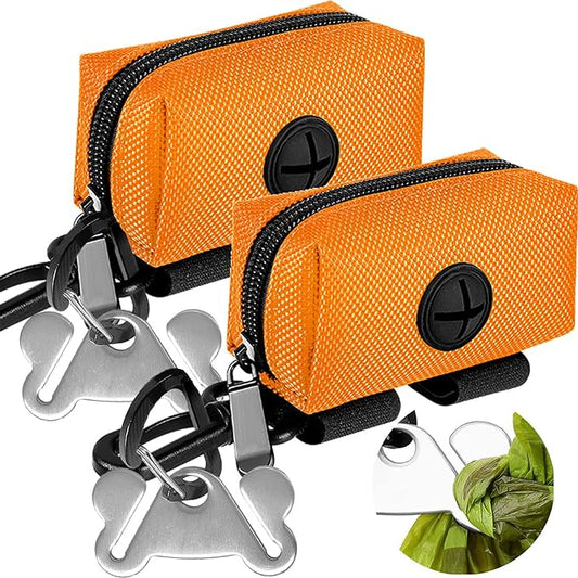 2Packs Dog Poop Bag Holder for Leash Attachment Dog Poop Bag Dispenser Dog Waste Bag Dispensers for Leash Accessory Dog Poop Bag Holders Fits Dog Leash Include Hand Free Holder Metal Carriers, Orange