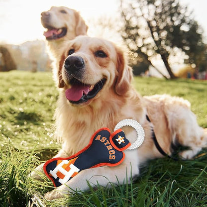 MLB Houston Astros Bone Shaped Dental Dog TUG Toy with Squeaker. Tough PET Toy for Healthy Fun, Teething, and Cleaning pet's Teeth and Gum.