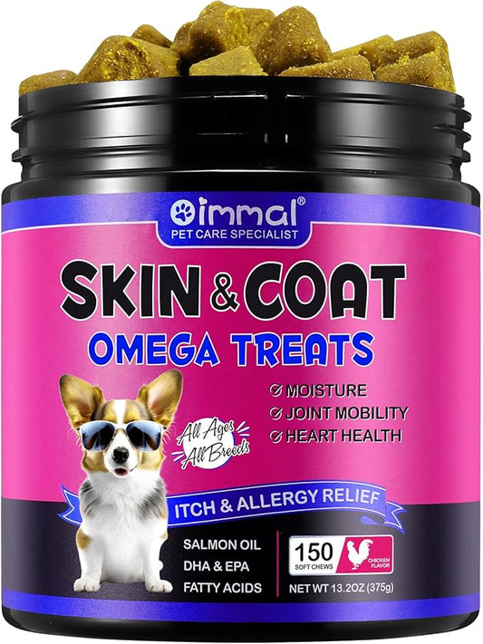 Natural Skin & Coat Chews for Dogs, Dog Vitamins and Supplements for Healthy Skin and Coat with Chicken Flavor, Itch Relief for Dogs with Allergies, Dog Vitamins and Supplements, Omega 3