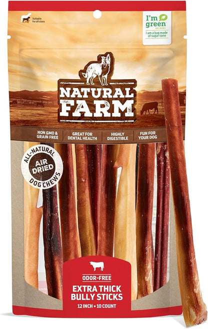 Natural Farm Extra-Thick 12-Inch Beef Bully Sticks Dog Chews (10-Pack) - Odor-Free Dental Treats for Dogs