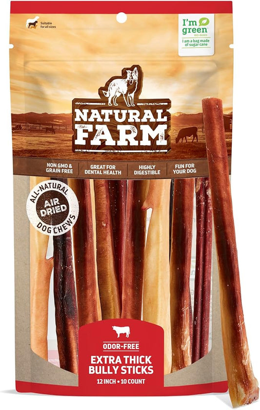 Natural Farm Extra-Thick 12-Inch Beef Bully Sticks Dog Chews (10-Pack) - Odor-Free Dental Treats for Dogs