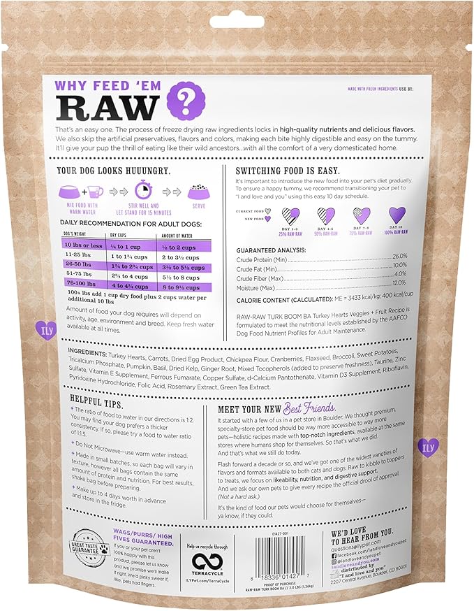 I AND LOVE AND YOU Stir and Boom Dehydrated Freeze Dried Raw Dog Food - Turkey - Grain Free, Real Meat, No Fillers, 3lb Bag