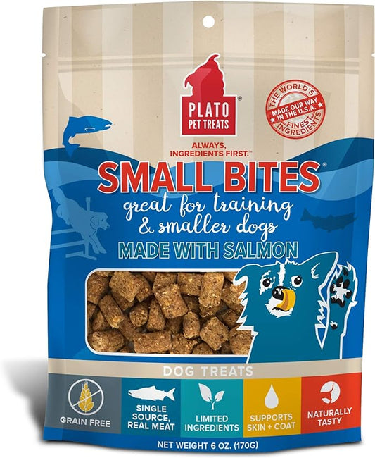 PLATO Small Bites Dog Treats, Natural Bite Sized Real Meat & Salmon Flavor, Grain Free & High in Protein, Air Dried Authentic Ingredients, 2 Calories Per Treat, Made in the USA, 6 Ounces