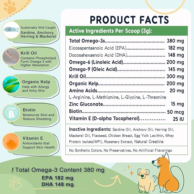 Omega 3 Fish Oil for Dogs, Dog Fish Oil Powder, Wild Caught Fish Oil, EPA&DHA, Krill Oil, Kelp, Dog Skin and Coat Supplement, Anti Itch & Shedding, Support Dry Skin, Joint Health, 85 Servings